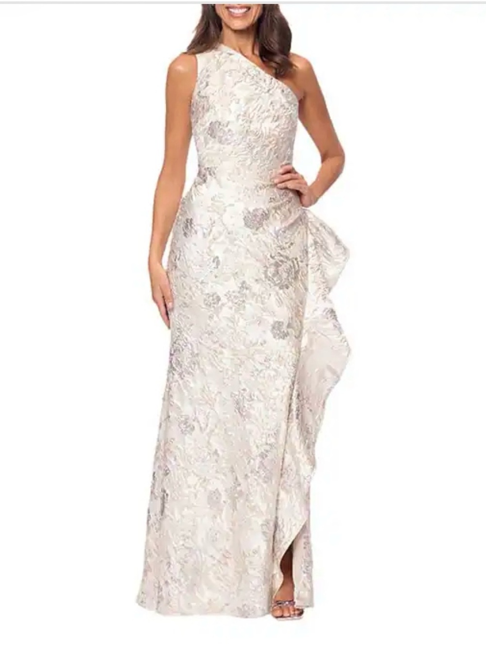 Xscape One-Shoulder Ivory Floral Jacquard Gown